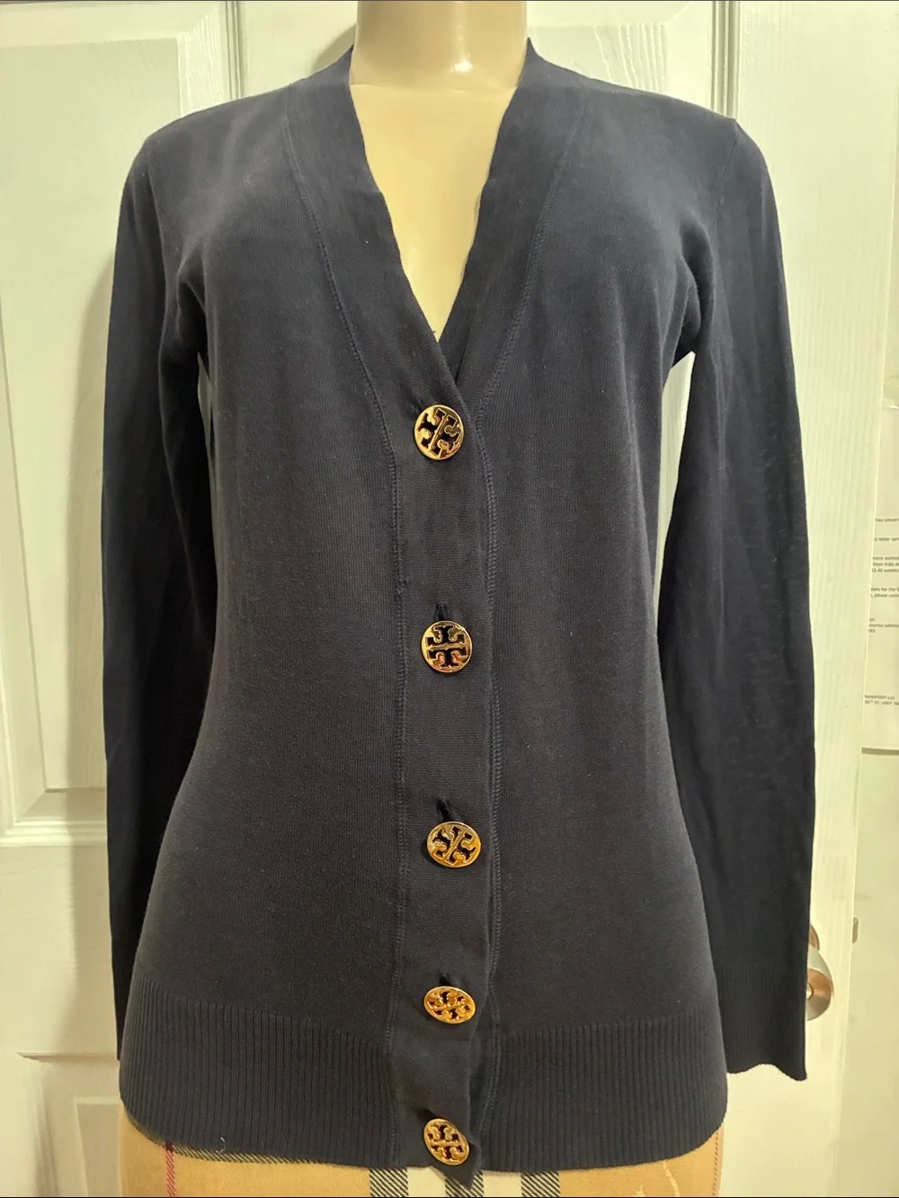 Tory Burch Navy Button-Front V-Neck Cardigan with Logo Buttons